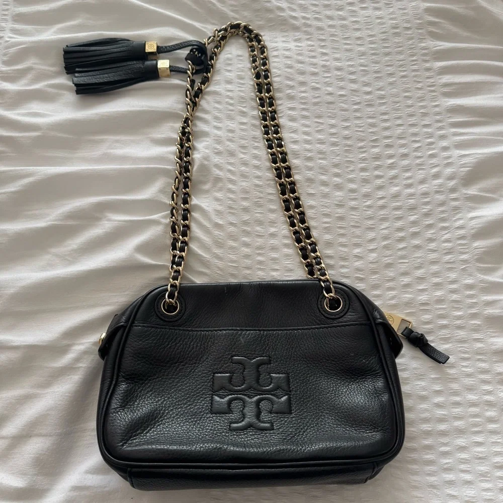 Tory Burch Thea Black Leather Crossbody Bag with Chain Strap and tassel